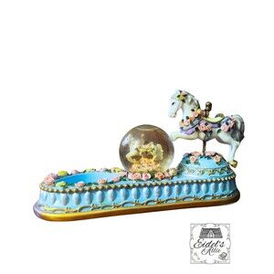 Vintage Style Carousel Horse Candle Holder w/ Water Globe, Blue Pink Roses Gold